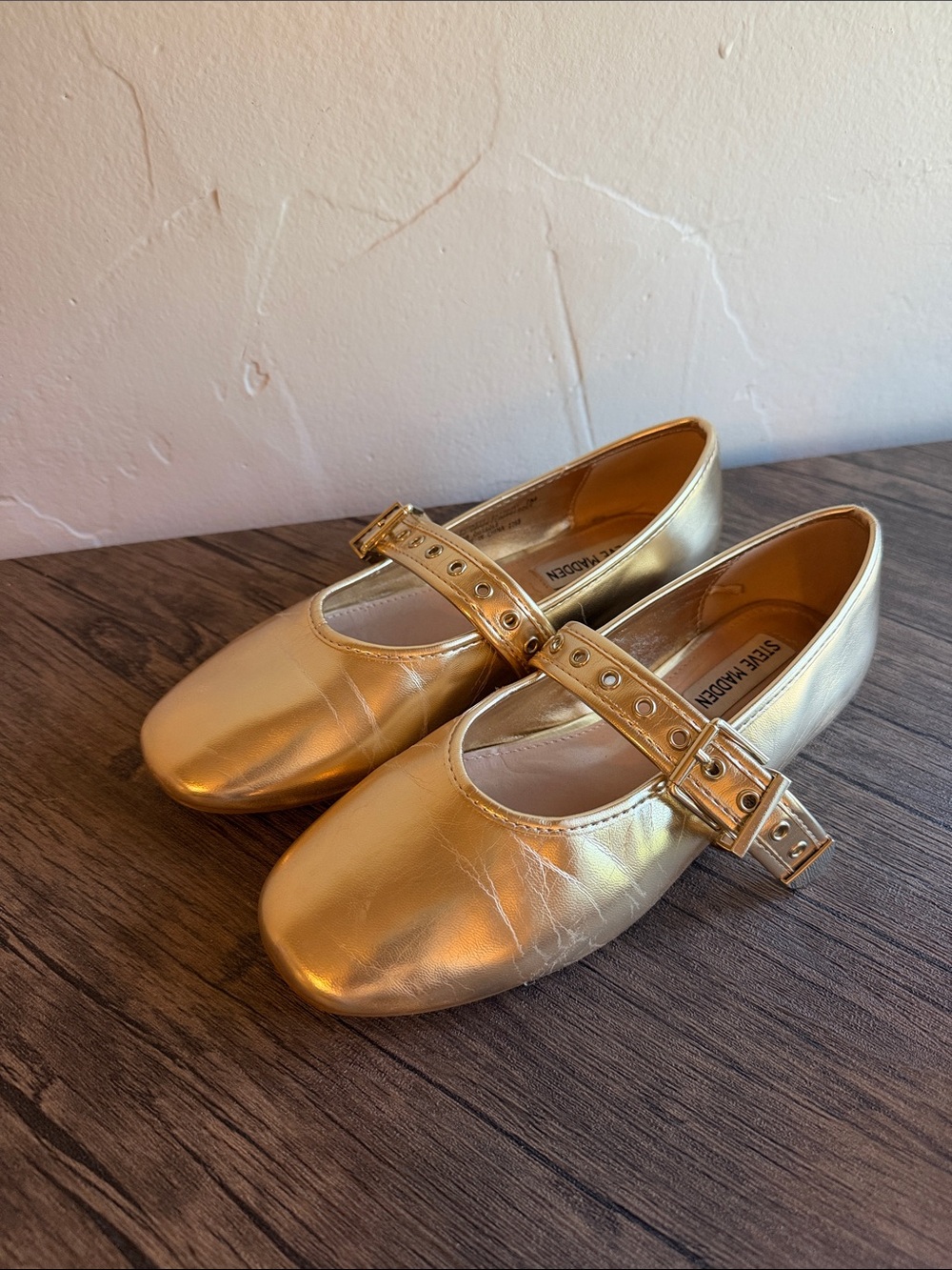 Steve Madden Metallic Gold Mary Jane Flats with Buckle Strap